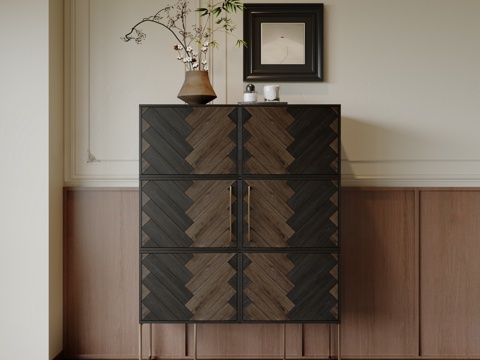 中古风玄关柜 储物柜 花艺 斗柜 装饰柜su模型