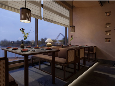 侘寂中餐厅 餐桌椅 卡座 陶罐灯su模型