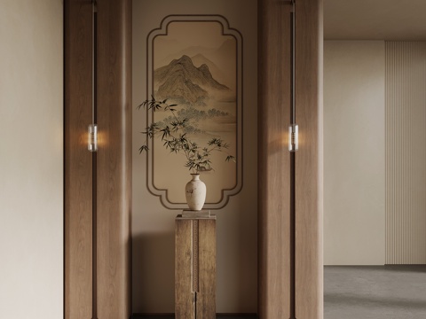 新中式玄关 入户隔断su模型