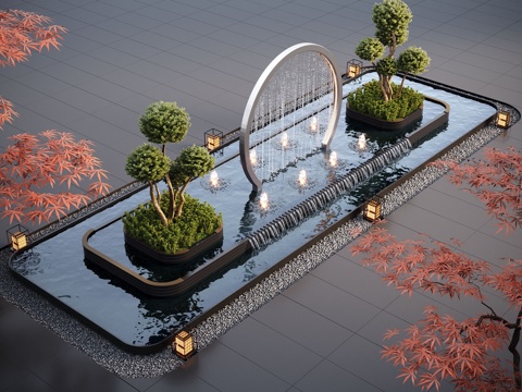 现代水景观 庭院水景 水钵 叠水 跌水 喷泉su模型