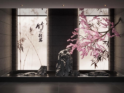  新中式景观造景 室内景观 倒挂植物 景观石 室内造景3d模型 