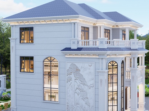 三层欧式别墅/挑空客厅/八角窗/农村自建房别墅su模型