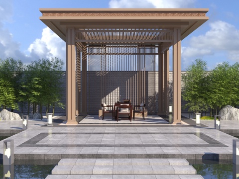  新中式凉亭 廊架3d模型 
