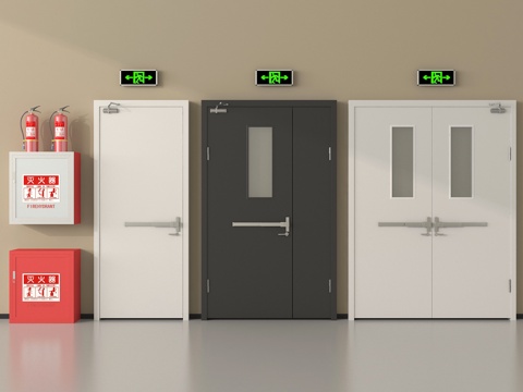 现代消防门 防火门 安全出口 灭火器 消防栓su模型