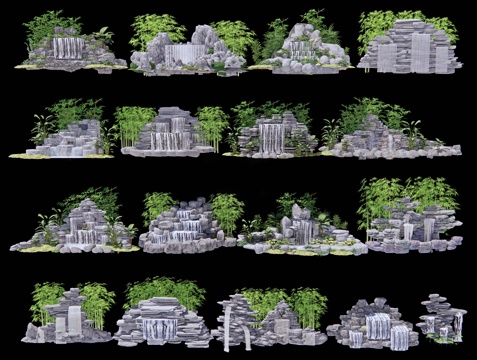 中式假山水景 假山叠水 假山石头 假山流水 特色跌水水景su模型