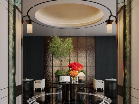 现代大厅 酒店大厅 大厅灯具 花艺摆台组合 屏风隔断su模型