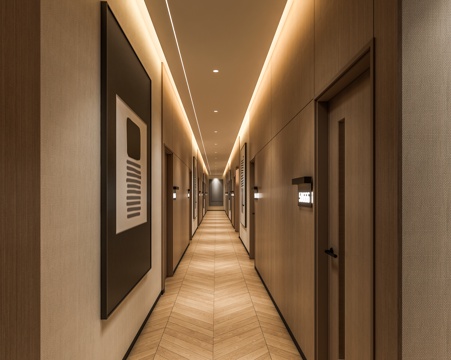 现代新中式酒店过道 酒店客房木门 足浴会所过道 餐饮过道su模型