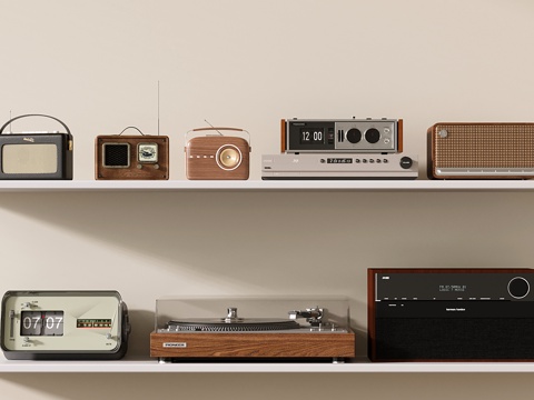 现代老式怀旧音箱 复古调频收音机 广播音响 木质播放器su模型