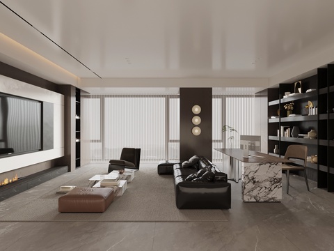 意式客餐厅 沙发茶几组合 电视背景墙 书桌椅su模型