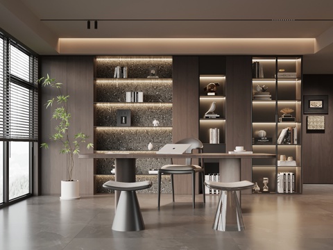 意式书房 书桌椅 书柜su模型