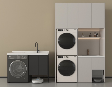 现代洗衣机柜 洗衣机 烘干机  扫地机器人 阳台柜su模型