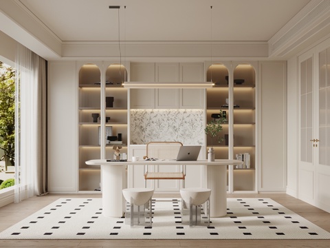 法式奶油风书房 书柜 书桌椅su模型