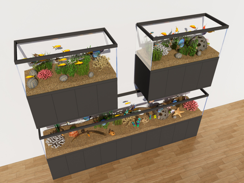 现代鱼缸水族 水生类动物 玻璃鱼缸柜 水族箱 水底景观su模型