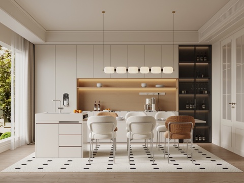 现代奶油风餐厅 酒柜 餐边柜 餐桌岛台su模型