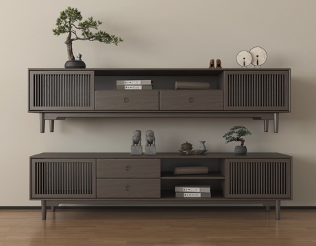 新中式电视柜组合 摆件su模型