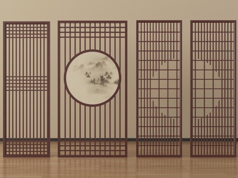 新中式花格 屏风隔断 格栅屏风隔断su模型