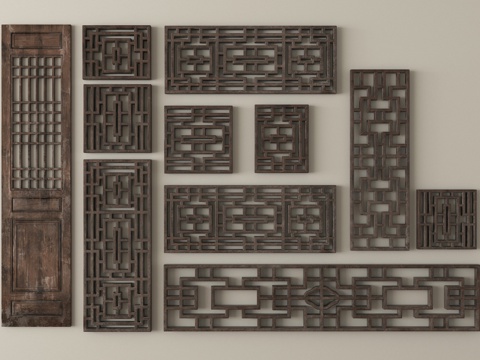  中式旧花格花窗 木雕花窗 镂空花格 仿古雕花窗3d模型 