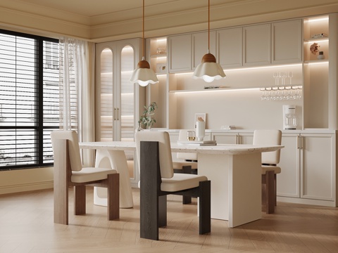 法式奶油风餐厅 餐桌椅 酒柜 餐边柜su模型