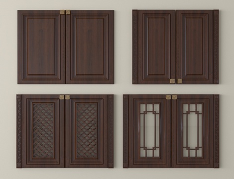 新中式衣柜柜门 护墙板 实木柜门门板su模型