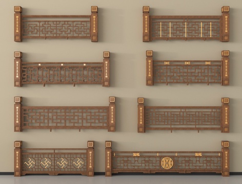 新中式栏杆护栏 栅栏围栏 实木围栏护栏su模型