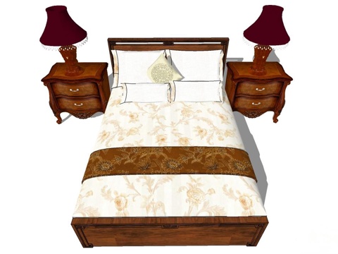 新中式双人床 实木双人床 双人床 床su模型