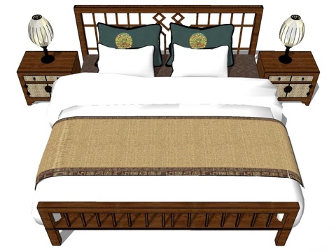 新中式双人床 实木双人床 双人床 床su模型