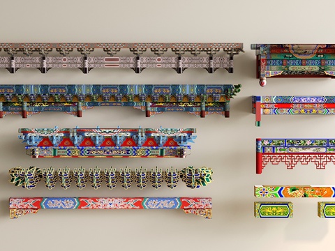 中式屋檐 屋梁 中式彩绘木梁横梁 中式建筑构件su模型