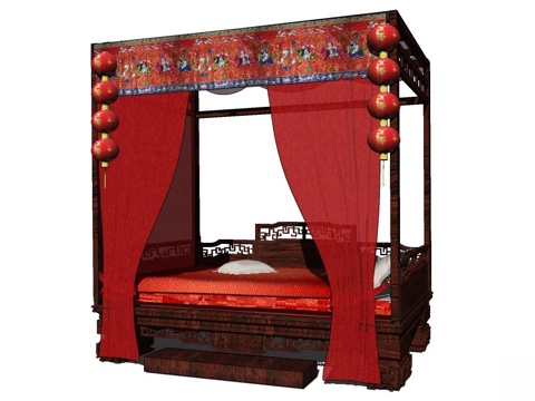 中式双人床 实木双人床 双人床 床su模型