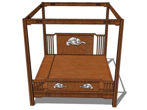 新中式双人床 实木双人床 双人床 床su模型