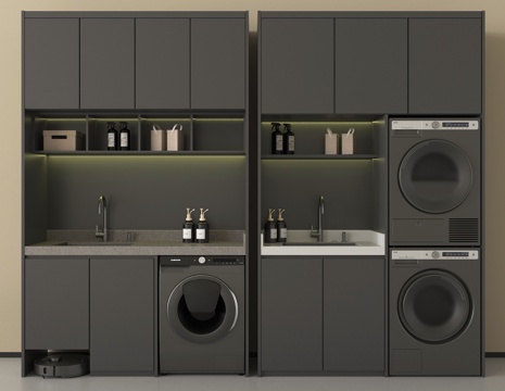 现代洗衣机柜 洗衣机 烘干机  扫地机器人 阳台柜su模型