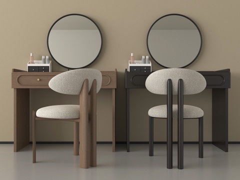 现代中古梳妆台 梳妆椅 化妆镜 化妆品 绿植su模型