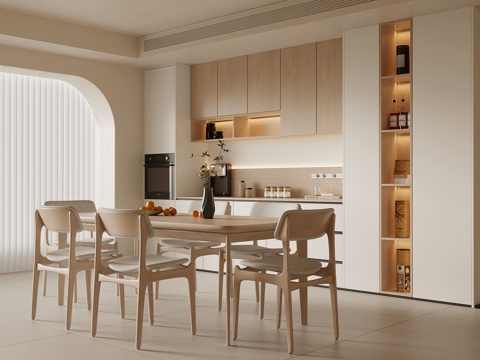 现代奶油风餐厅 酒柜 餐桌椅su模型