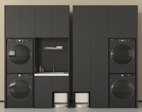 现代洗衣机柜 洗衣机 烘干机  扫地机器人 阳台柜su模型