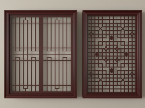 新中式格栅镂空花格 窗花 镂空窗su模型