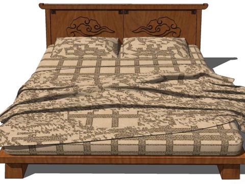 新中式双人床 实木双人床 双人床 床su模型