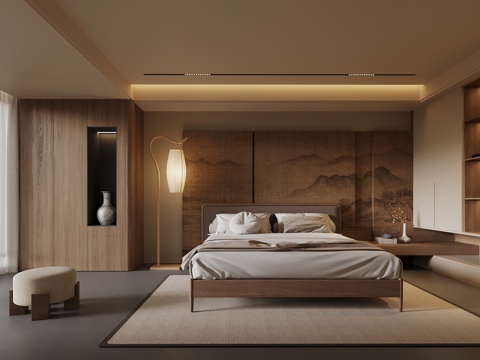 新中式卧室 双人床 衣柜su模型