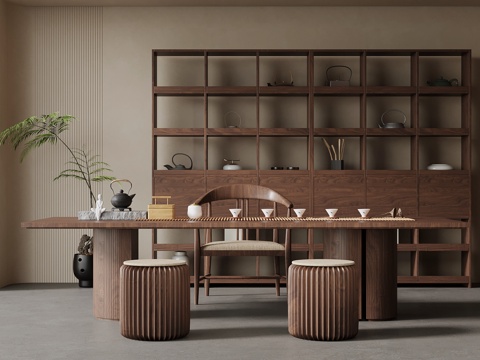 新中式茶室 茶桌椅 茶柜 博古架su模型