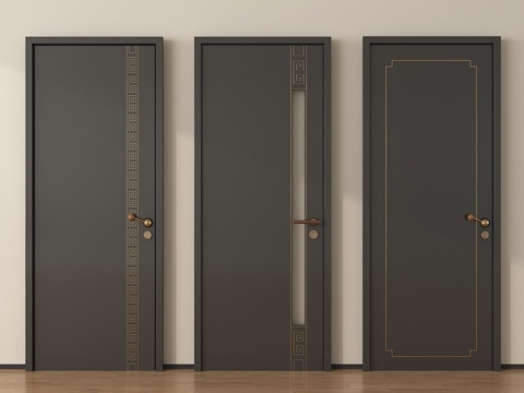 新中式门组合 单开门 平开门 卧室门su模型