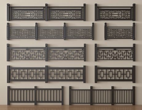 新中式围栏护栏 栏杆 实木围栏护栏 扶手su模型