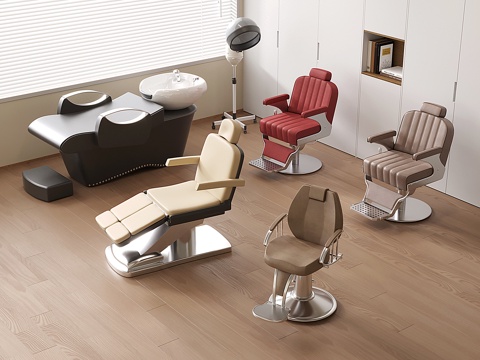 现代理发器材 理发椅 洗头床 电动美容床su模型