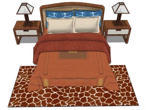 新中式双人床 实木双人床 双人床 床su模型