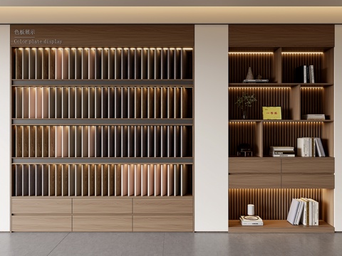 现代全屋定制展厅色板柜 木作展厅色板柜 证书柜  装饰柜su模型