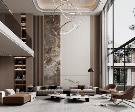 现代复式客厅 现代复式沙发背景 现代复式吊灯 现代意式别墅客su模型