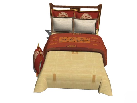 新中式双人床 实木双人床 双人床 床su模型