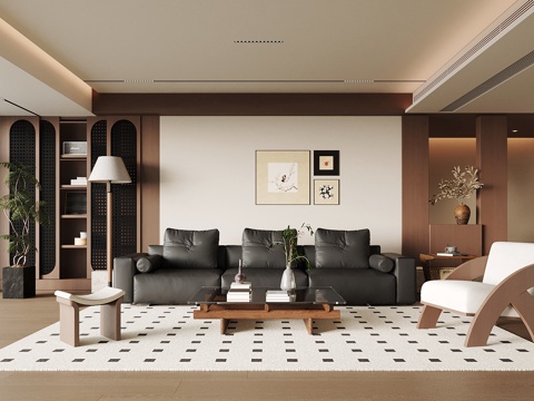 中古风客厅 沙发茶几组合 背景墙su模型