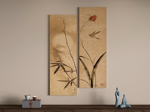 新中式古韵挂画 禅意装饰画 宋代植物画 竹子su模型