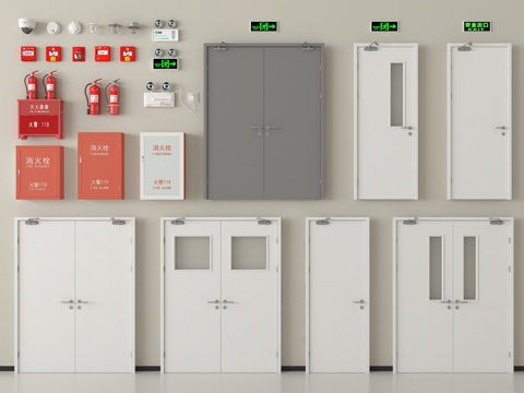 现代消防门 防火门 安全出口 应急感应灯 消防栓 灭火器su模型