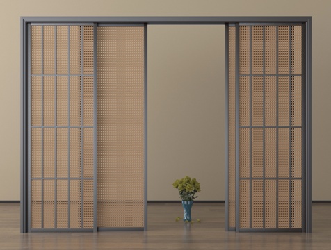 侘寂风推拉门 移门 藤编推拉门su模型