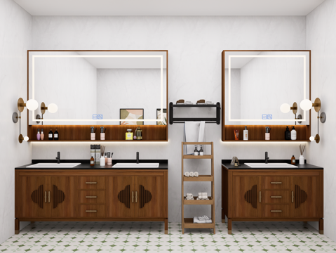 新中式浴室柜 落地双盆浴室柜 新中式成品浴室柜 原木卫浴柜su模型