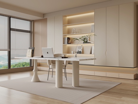 现代奶油风书房 书柜 书桌椅su模型